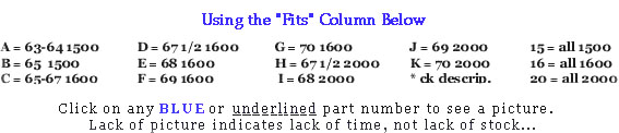 FIT CODES: A=63-64 1500 B=65 1500 C=65-67 1600 D=67 1/2 1600 E=68 1600 F=69 1600 G=70 1600 H=67 1/2 2000 I=68 2000 J=69 2000 K=70 2000 *=ck description 15=all 1500 16=all 1600 20=all 2000